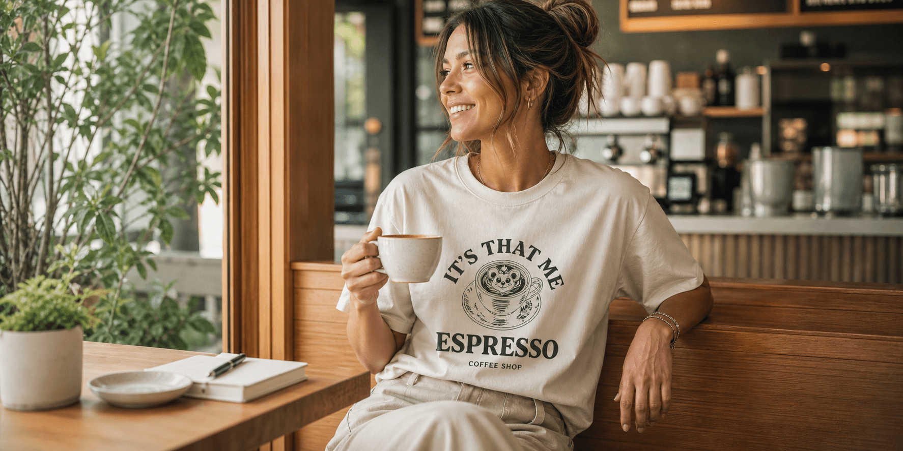 Model wearing a light Not Necessarily Apparel graphic tee in a coffee shop