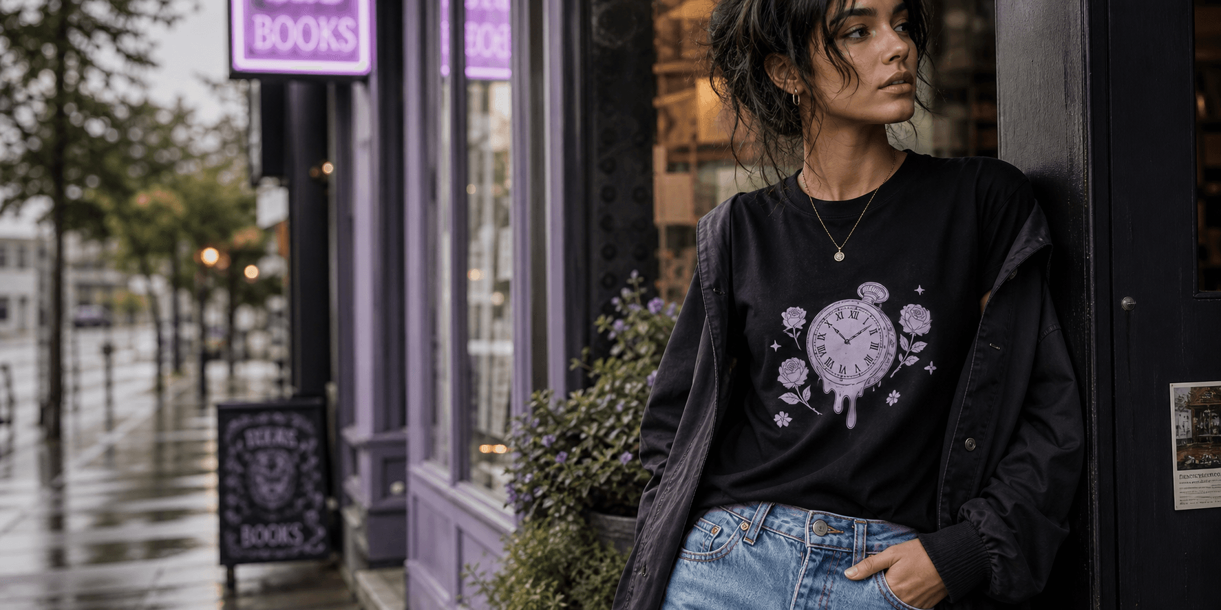 Model wearing a black Not Necessarily Apparel graphic tee outside a bookshop